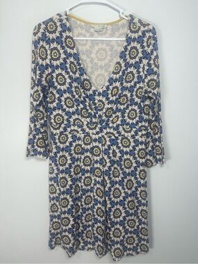 Boden Anna Jersey Dress cream, Blue and Yellow Geometric Floral size 12
